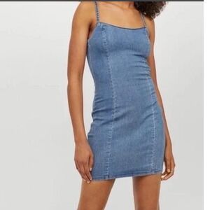 H&M Women Small Blue Denim Mini Dress Medium Wash Bodycon Spaghetti Strap